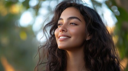 Fototapeta premium Dreamy Smiling Young Woman with Natural Beauty in Soft Light