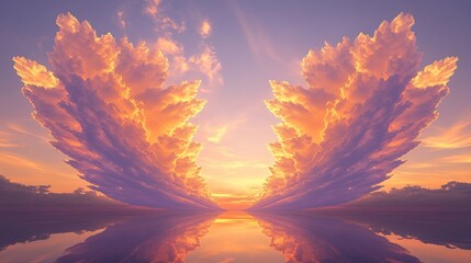 A celestial vignette featuring translucent clouds arranged in symmetrical arcs of glowing orange and lavender