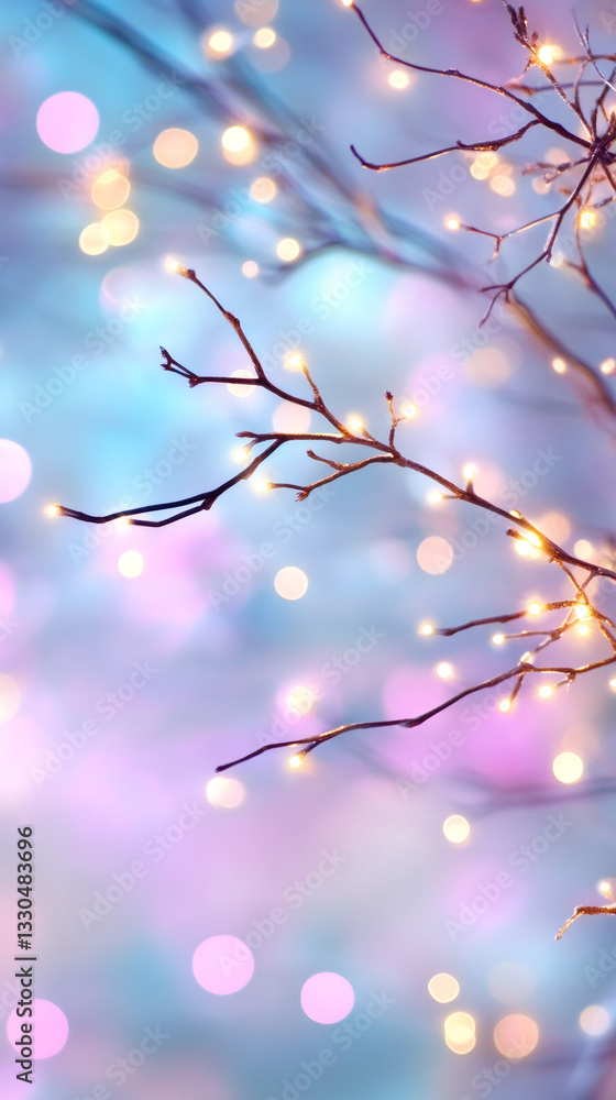 Aufkleber Christmas lights glowing on bare branches creating a magical atmosphere with a colorful bokeh background