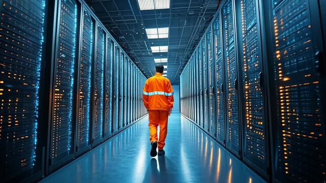 A technician walks through a data center corridor between server racks.