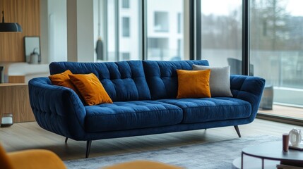 Modern blue velvet sofa with button tufting, orange and white pillows, in bright living room