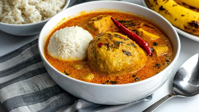 Tongan lu pulu with taro leaves, coconut cream, corned beef, rice, and chili pepper, served on a table