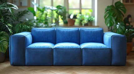 Modern blue sofa in a plant-filled room