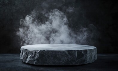 Dark Stone Podium with Mysterious Smoke for Product Presentation and Promotion