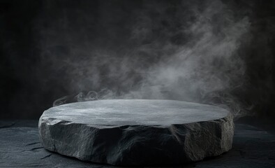 Stone Podium with Rising Vapor or Smoke Against a Dark Background