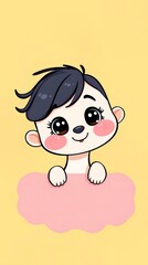 Fototapeta premium Adorable Cartoon Baby Girl Peeking from Pink Cloud