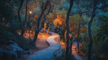 Winding path through a park at twilight