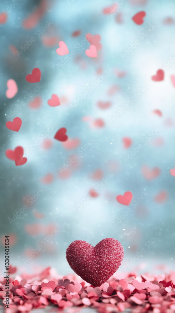Poster valentine's day greeting card showing textured red heart standing on small hearts with falling heart