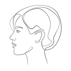 Woman head line drawing on white isolated background, side view. Short hair with voluminous hairstyle