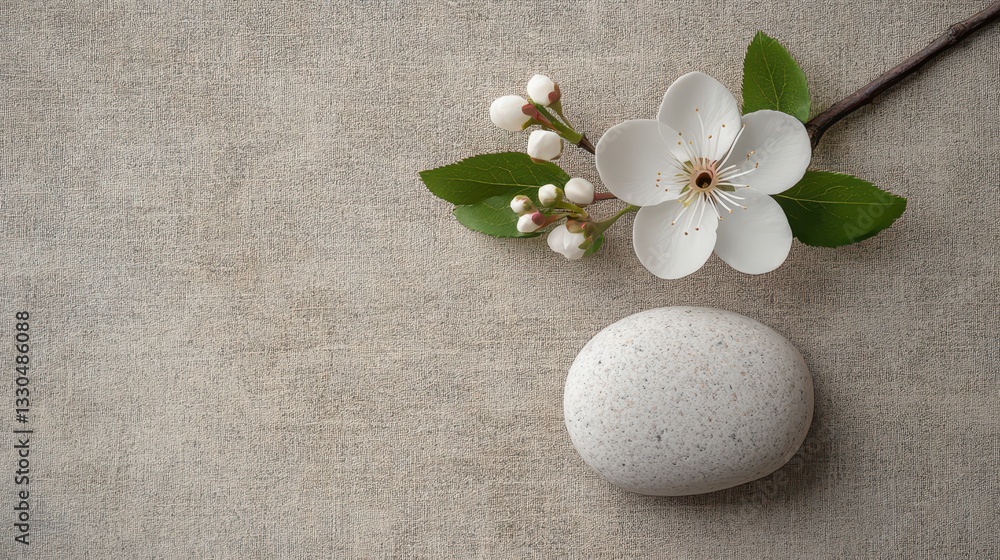 Poster gentle petal resting on smooth stone creates a serene and calming atmosphere in a minimalist setting