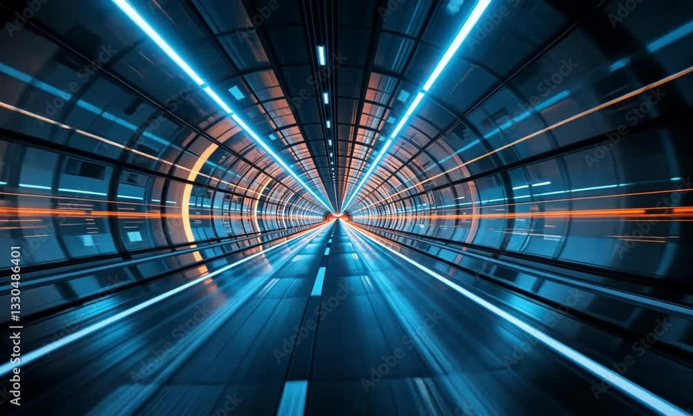 Aufkleber futuristic high speed tunnel illuminated with neon blue lights creating an endless perspective leadi