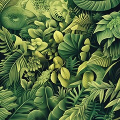 A densely packed pattern featuring various green leaves and foliage elements