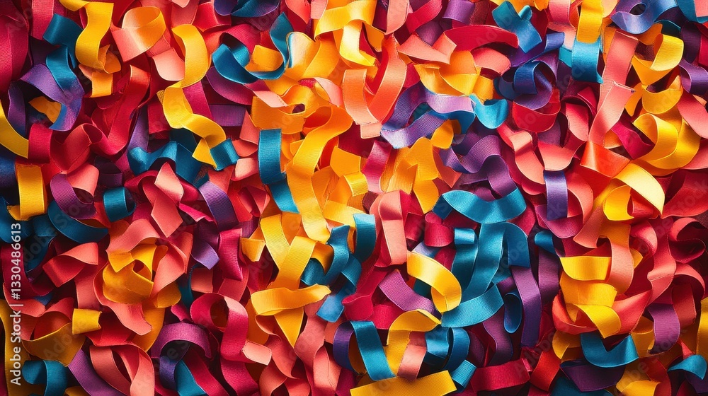 Poster colorful ribbons arranged in a wave pattern create a vibrant backdrop, giving a sense of movement an