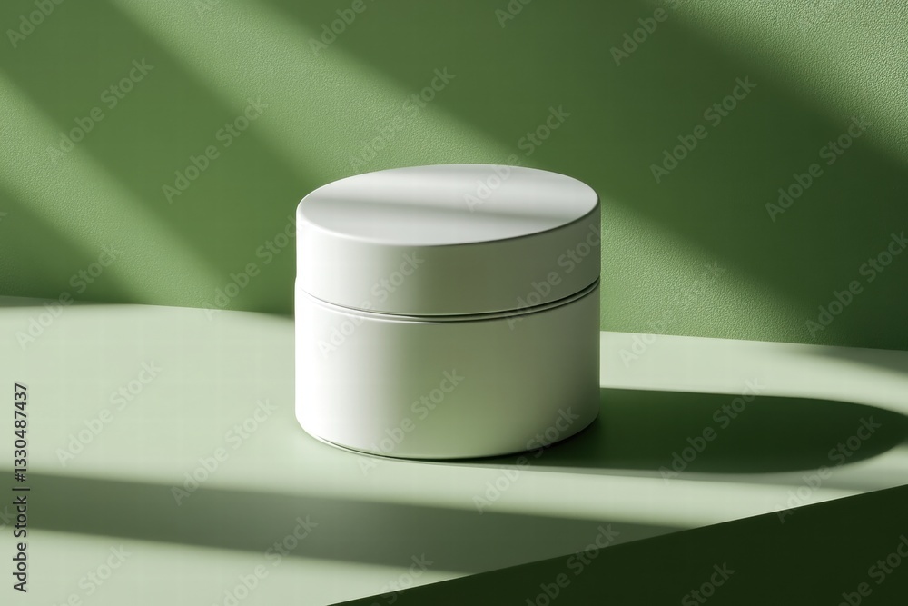 Aufkleber elegant white cosmetic container rests on a light green surface with soft shadows highlighting its s