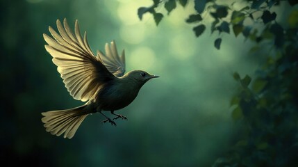 Fototapeta premium Bird in Flight with Open Wings Against Green Bokeh Background