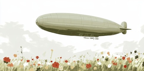 Obraz premium An airship floats over a field of flowers under a cloudy sky