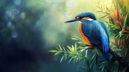 Fototapeta premium Kingfisher Perched on Branch in Lush Greenery and Sunlight