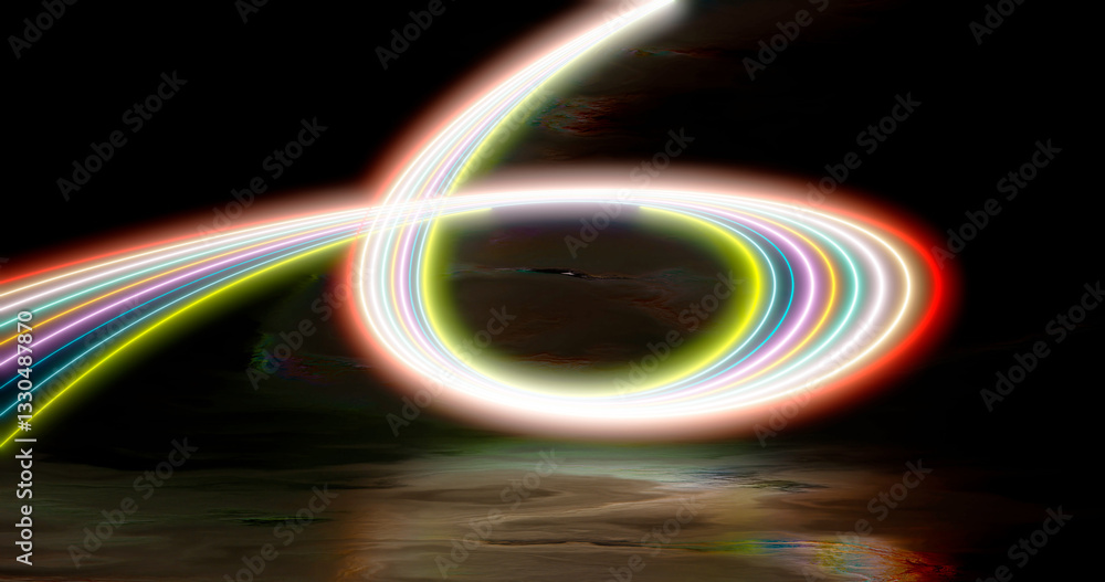 Poster 3d rendering, abstract panoramic background with neon light. laser show, pulses, equalizer, spectrum