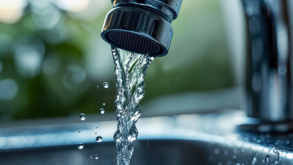 Water flows from a faucet into a stainless steel kitchen sink during daytime, reflecting natural light and creating a serene ambiance in a modern home