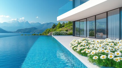 Modern cliffside home with infinity pool, mountain & sea views, blooming daisies