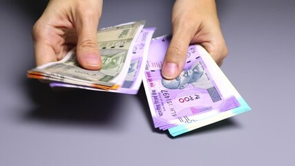 Close up view of woman's hands counting Indian currency notes (INR). Indian cash money of 500, 200, 100 and 50 rupees denominations. Real time motion video.