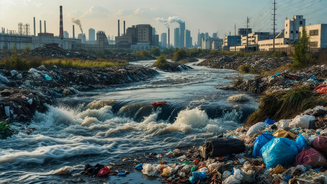 Pollution in urban river under industrial skyline during late afternoon