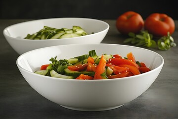 Fresh Cucumber And Red Pepper Salad In White Bowls