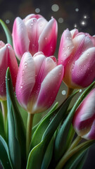 Fototapeta premium Beautiful pink tulips with dew drops in a close-up arrangement, showcasing vibrant colors and delicate petals in a serene setting at a garden