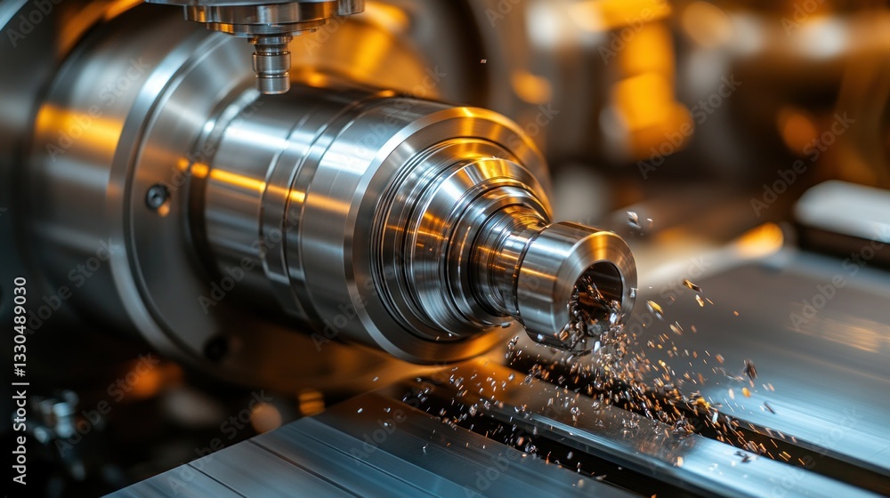 Poster metalworking machine in action. close-up view of a precision machining process with coolant spray