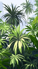 Lush green plants dominate an illustration of an outdoor nature scene