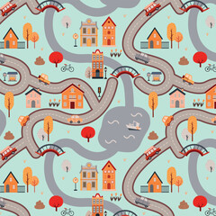 Childish city map creator easy simple drawing with buildings, trees and cars.  Seamless pattern.