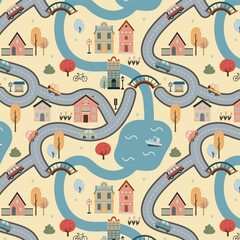 Childish city map creator easy simple drawing with buildings, trees and cars.  Seamless pattern.