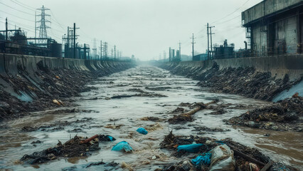 Widespread pollution fills the waterway with debris and waste in an industrial area during overcast weather