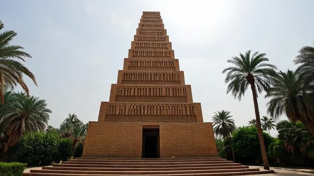 Historic ziggurat towering among palm trees in a serene landscape under a clear sky