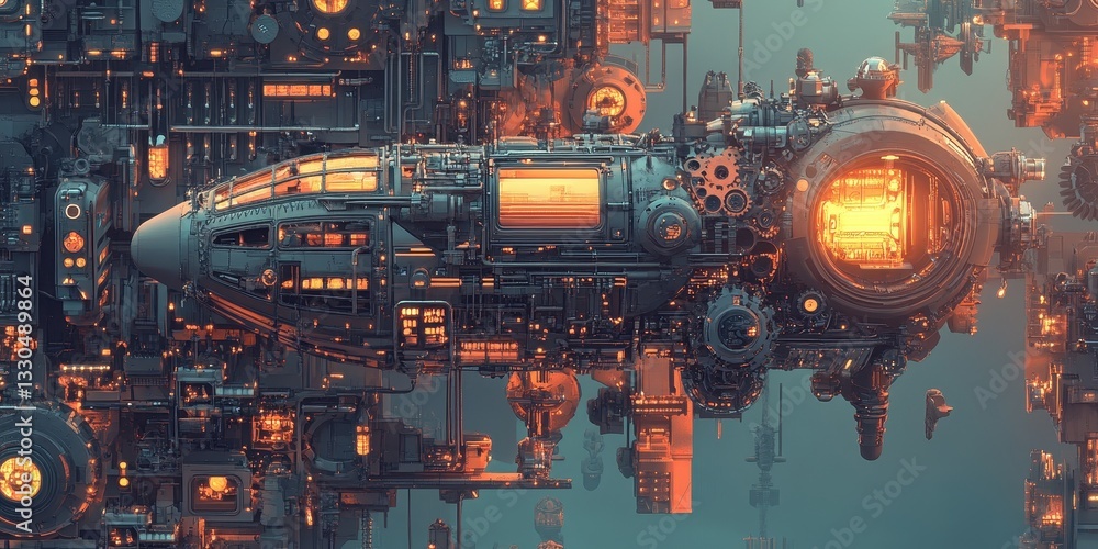 Poster a futuristic mechanical flying vehicle embedded in complex machinery structures