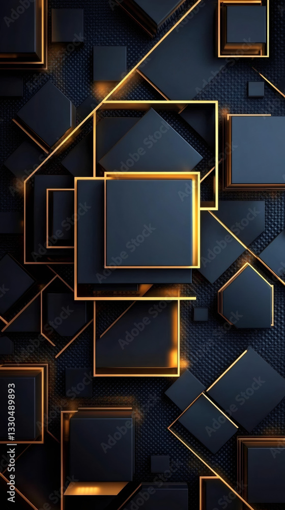Poster Dark geometric shapes with golden lines create an abstract and modern composition, ideal for backgrounds and design projects