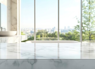 Marble Countertop in Bright Bathroom with City View, Perfect for Mockup