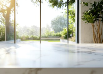 Fototapeta premium Marble Tabletop Overlooking Garden Through Large Window with Natural Light