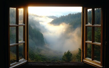 Misty Valley View from Rustic Window