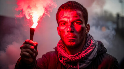Demonstrator holding a flare during a protest at dusk with dramatic lighting in an urban environment