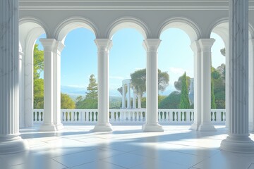 Obraz premium Elegant architectural palace setting with columned balcony overlooking serene landscape