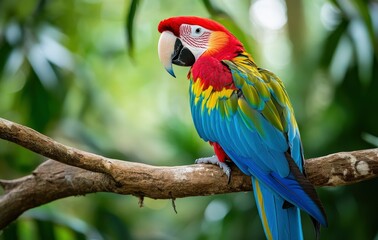 Colorful Macaw Perched on Branch in Lush Tropical Rainforest Setting