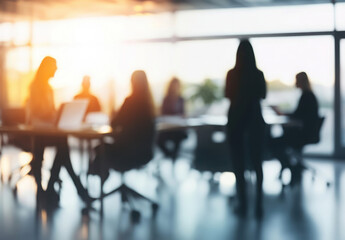 Presentation, blur and workshop with business people in meeting for financial, speaker and company valuation. Investment report, asset management and budget portfolio with employees in office