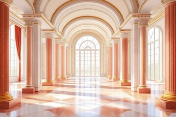 Sunlight illuminates red grand hall through large windows in palace or castle, surrounded by lush greenery