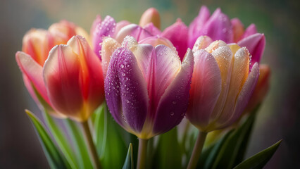 Fototapeta premium Vibrant tulips adorned with dew glisten in soft light showcasing a beautiful floral arrangement in a serene indoor setting during springtime