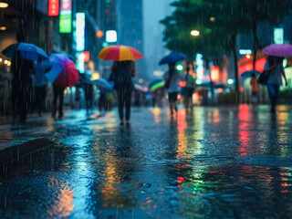 Colorful umbrellas contrast with rainy streets in a bustling urban environment during a nighttime downpour