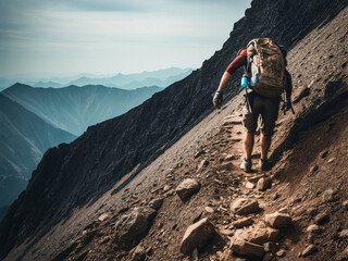 Hiker navigating rocky mountain trail on a clear day with expansive views of distant peaks and valleys in the backdrop
