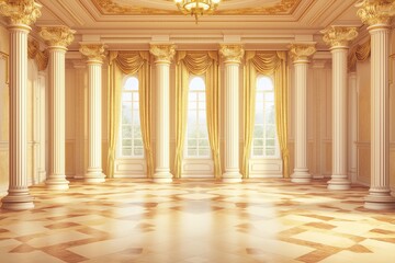 Obraz premium Grand hall with large windows in palace or castle, surrounded by lush greenery