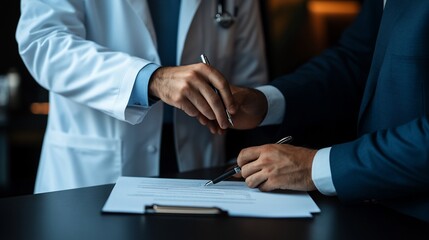 Doctor and businessman finalize healthcare agreement through document signing