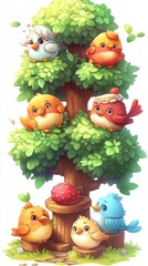 Fototapeta premium Cute animated birds are perched on a tree with sweet berries